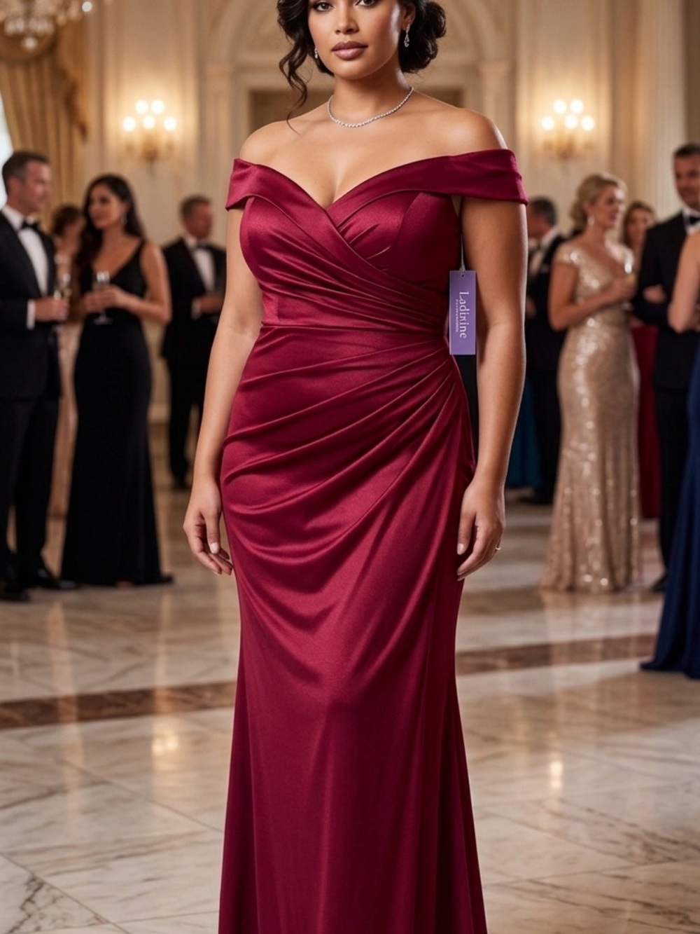 Ladivine by Cinderella Off-Shoulder Wine Red gown